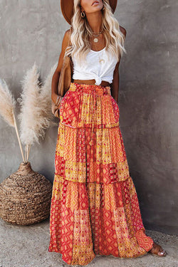 Floral Print Stretch Elastic Waist Pocket High Waist Skirt