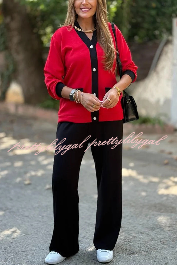 Stylish Color-blocked V-neck Knitted Button-down Cardigan and Elastic Waist Casual Wide-leg Pants Set