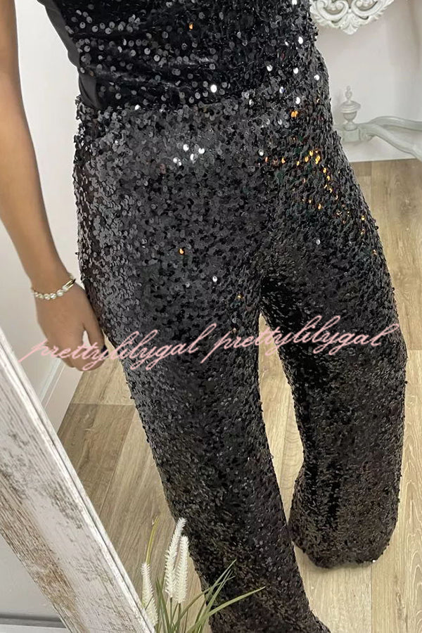 Glitzy Glamour Sequin High Rise Elastic Waist Wide Leg Pants