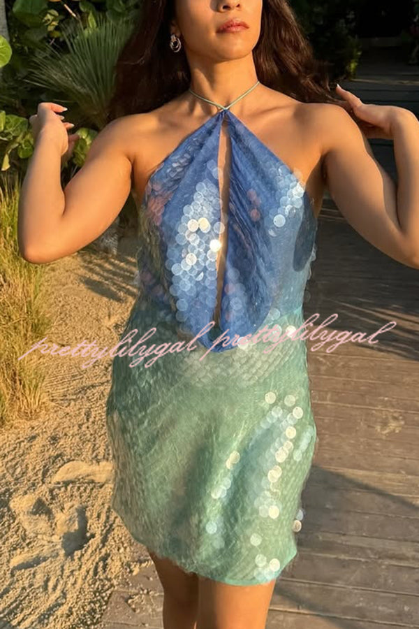 Fashion Sexy Sequined Backless Halter Neck Slim Fit Mini Dress