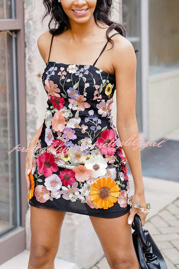 Dream World Embroidered Floral Applique Adjustable Straps Mini Dress