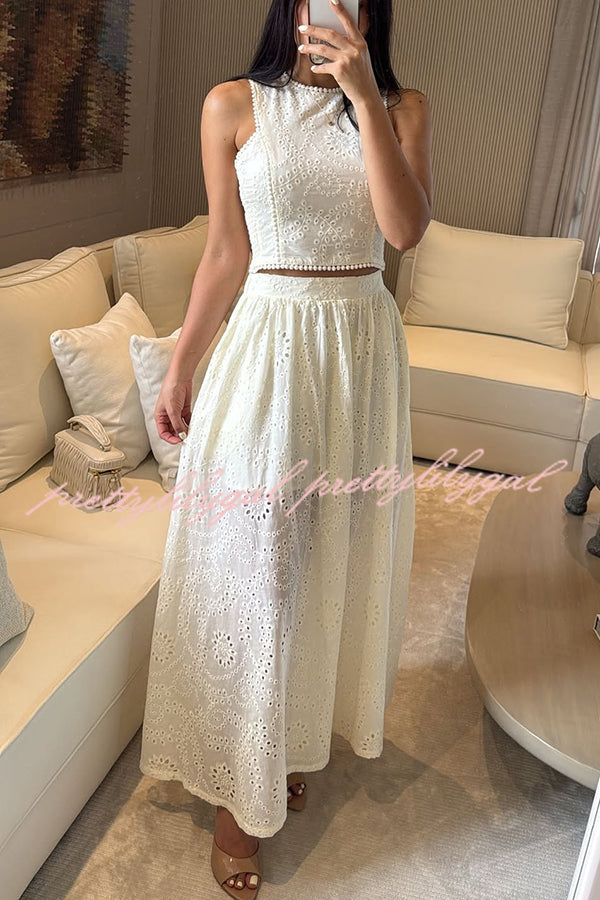 Kaya Embroidery Hollow Lace Back Smocked Tank and Elastic Waist A-line Maxi Skirt Set