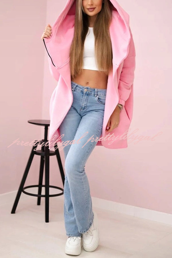 Solid Color Loose Hooded Zip-up Casual Sports Jacket