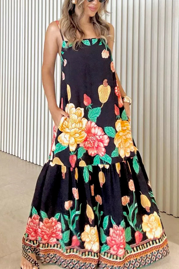 Floral Print Halter Back Loose Pocket Full Hem Maxi Dress