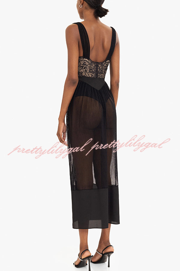 Romantic and Modern Lace Tulle Patchwork Waisted Midi Dress