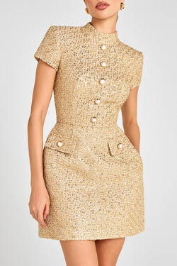 Gold Standard Tweed Fabric Pearl Button Short Sleeve Pocketed Mini Dr prettylilygal Gold Standard Tweed Fabric Pearl Button Short Sleeve Pocketed Mini Dr prettylilygal