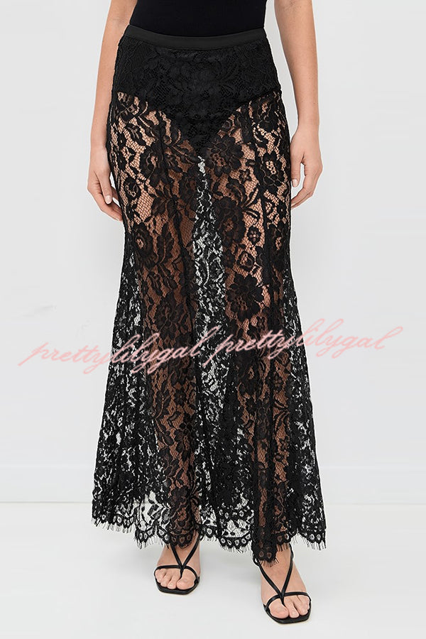 Make An Entrance Floral Stretch Lace Mid Rise Flare Maxi Skirt