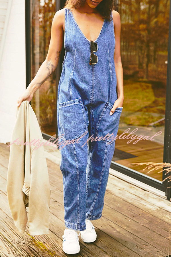 Pocket V Neck Suspender Denim Jumpsuit