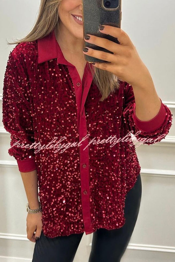 Fashion Velvet Sequined Loose Casual Long-sleeved Shirt