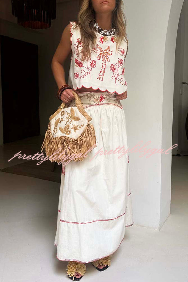 Sunny Day Linen Blend Contrast Embroidered Print Scallop Trim Lace-up Top