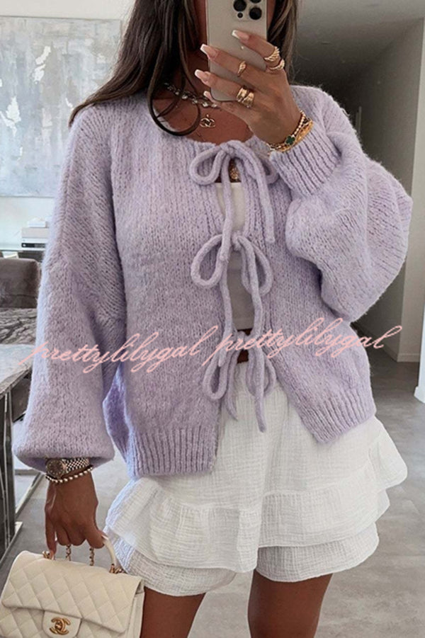 Solid Color Long-sleeved V-neck Lace-up Loose Knitted Sweater