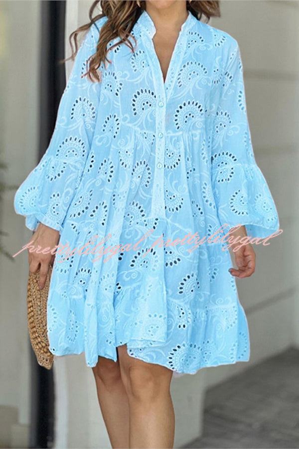 V Neck Embroidered Hollow Lace Flower Mini Dress