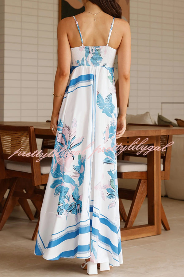 Botanical Print Halter Square Neck Pleated Loose Maxi Dress