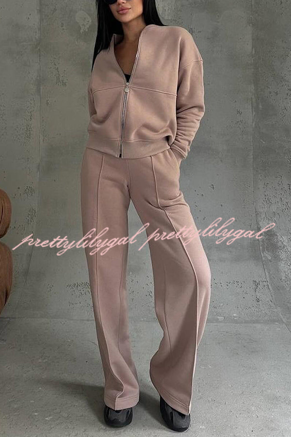 Solid Color Casual Long Sleeve Zipper Jacket and Elastic Waist Pocket Wide Leg Pants Set