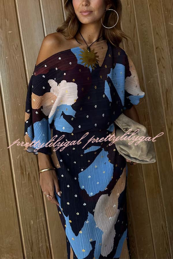 Mara Pleated Fabric Metallic Speckled Color Block Print One Shoulder Maxi Dress
