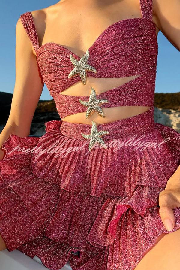 Little Mermaid Glitter Fabric Metal Starfish Hollow Layered Stretch One-piece Swimsuit