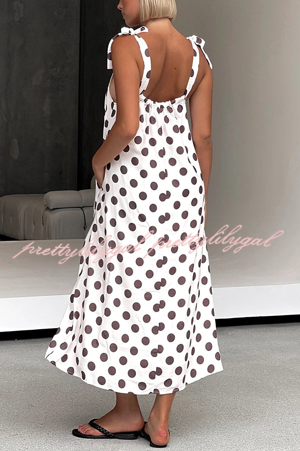 Polka Dot Print Suspenders Strappy Backless Loose Pocket Midi Dress