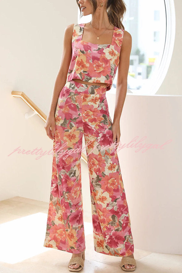 Truly Darling Floral Square Neck Tank and High Rise Wide Leg Pants Set