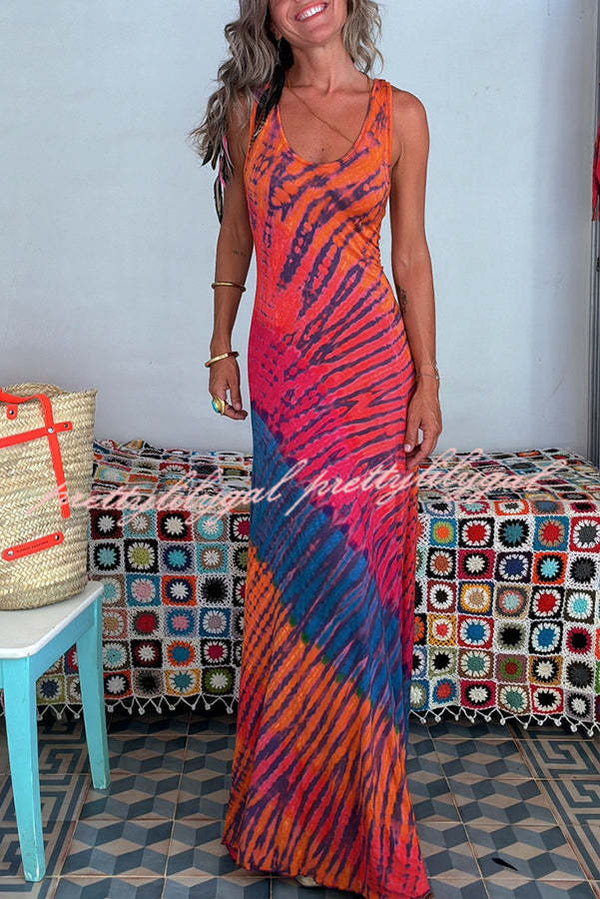 Nahuel Tie-dye Print Back Lace-up Fishtail Hem Stretch Maxi Dress