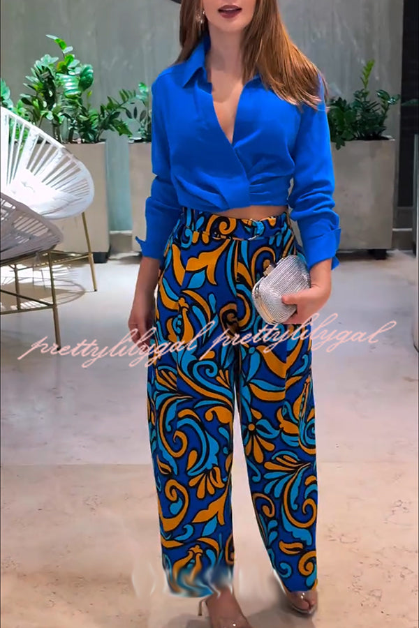 Ocean Heart Linen Blend Printed Ruched Hem Blouse and Belted High Rise Pocket Loose Pants Set