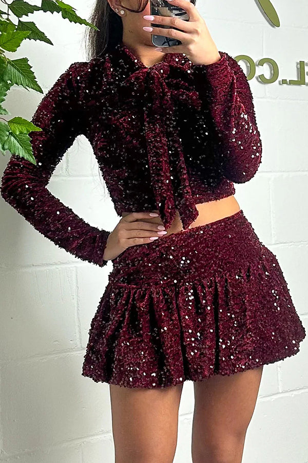 Solid Velvet Sequined Long Sleeve Tie Top and Seersucker Mini Skirt Set