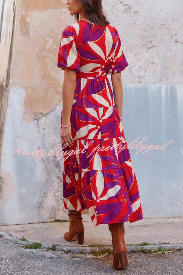 Unique Printed V-neck Puff Sleeves Tie Waist Midi Dress