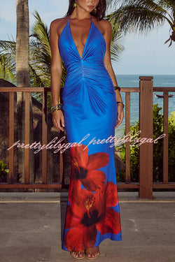 Floral Print Sexy Halterneck Open Back Pleated Slim Maxi Dress