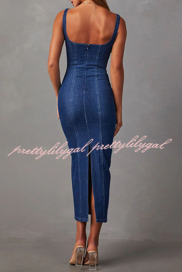 Warren Suspender Back Zipper Denim Maxi Dress