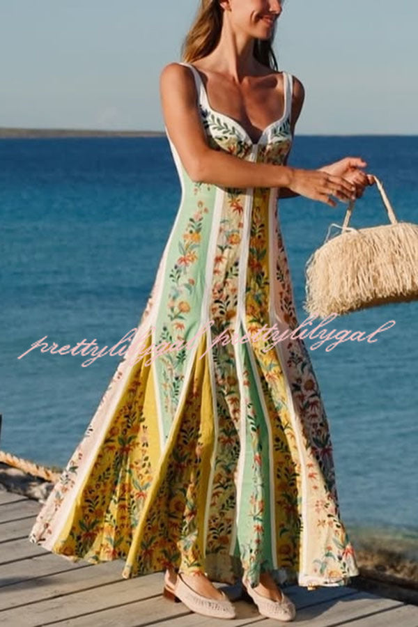 Sweet Garden Linen Blend Color Block Floral Paneled Maxi Dress