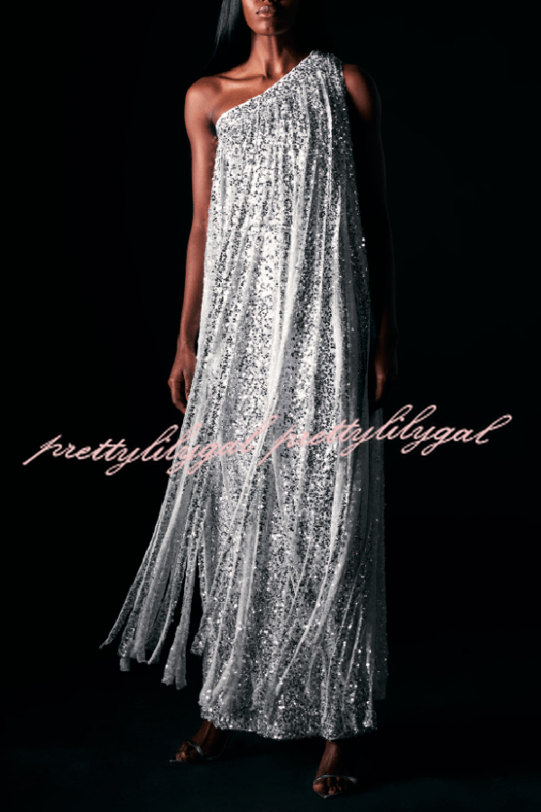 Holiday Muse Sequined Slit Tassels One Shoulder H-line Maxi Dress