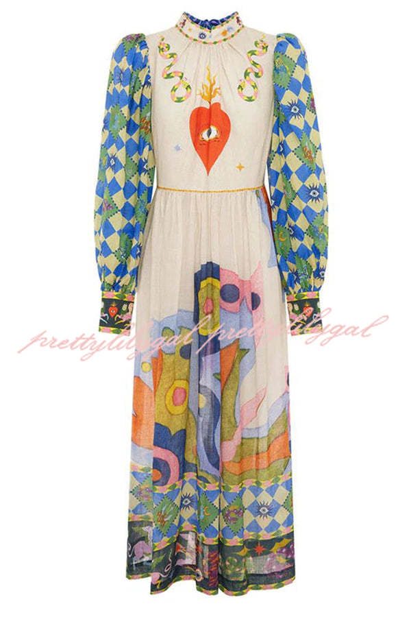 Dear To My Heart Unique Print Lantern Sleeve A-line Midi Dress