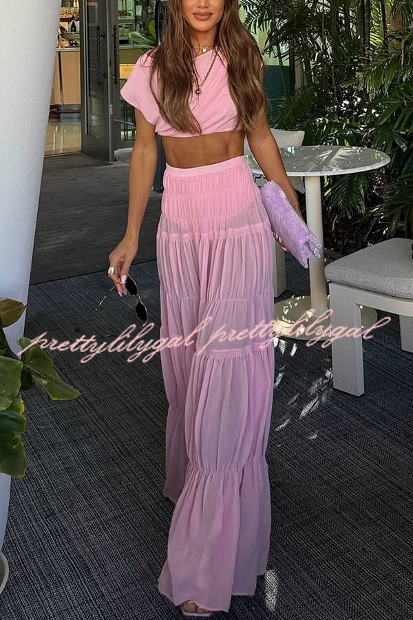 Stunning Chiffon Ruched Shoulder Short Sleeve Crop Top