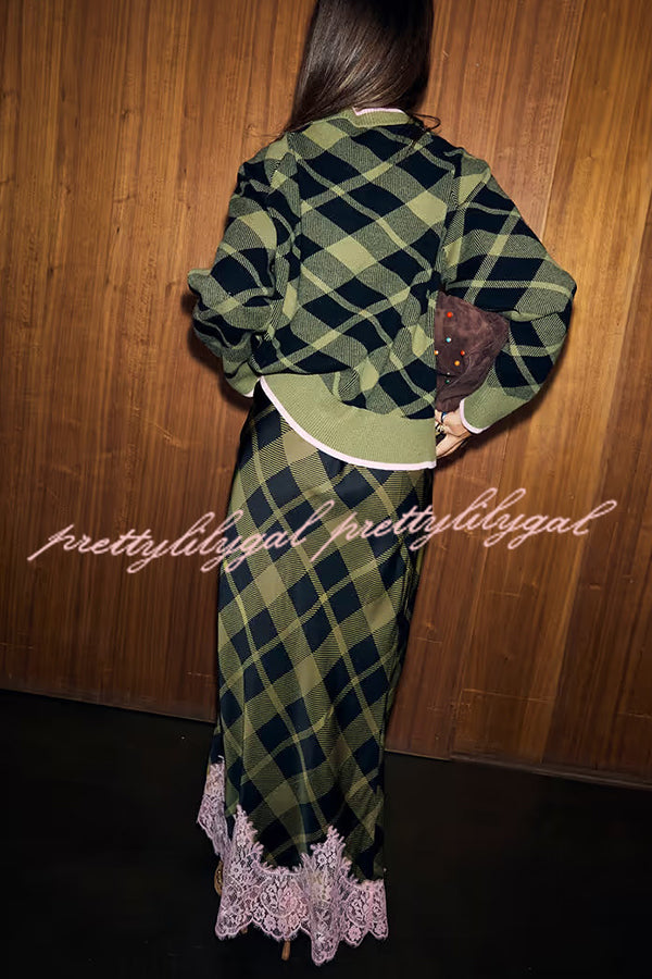 Holiday plaid Satin Unique Print Patchwork Lace Stretch Waist Draped Maxi Skirt