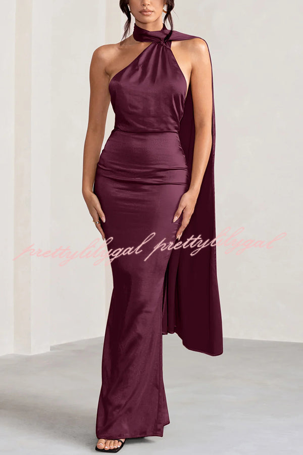 VIP Party Satin Asymmetric Scarf Neck Backless Maxi Dress