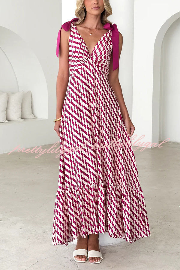 Unique Printed V-neck Sleeveless Lace-up Waist Maxi Dress