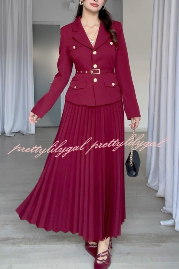 Solid Color Lapel Button Belt Blazer and Pleated Casual Maxi Skirt Set
