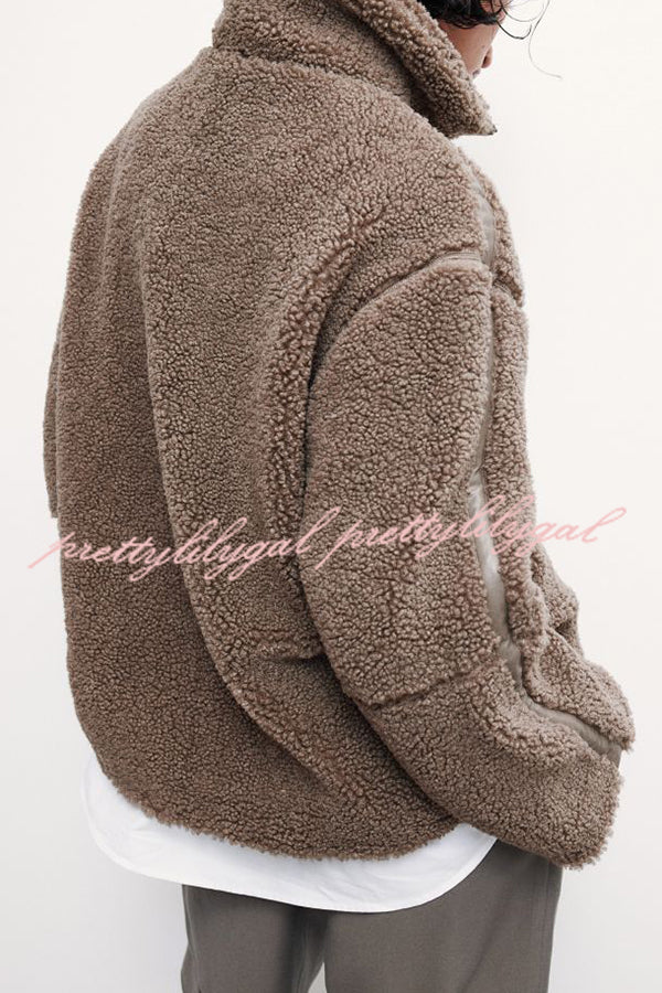 Solid Color Stitching High Collar Long Sleeve Loose Pocket Woolen Coat