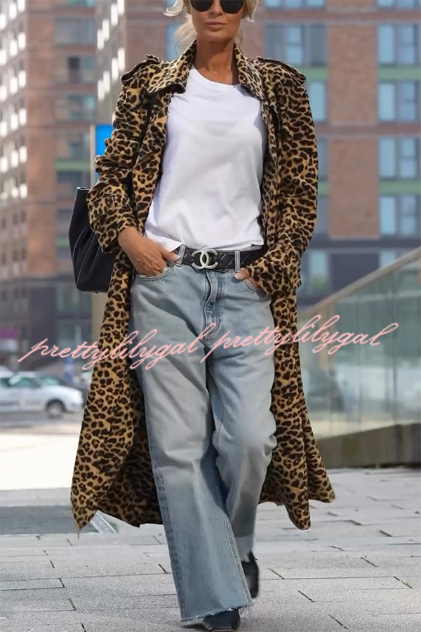 Be Free Velvet Leopard Print Long Sleeve Loose Midi Trench Coat