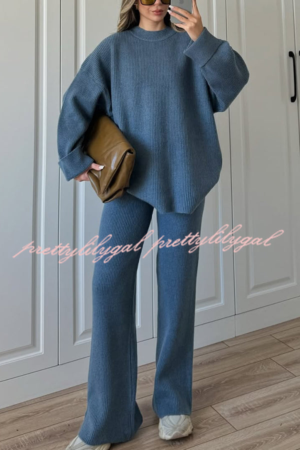 Solid Color Loose Long-sleeved Knit Top and Elastic Waist Casual Straight Leg Pants Set