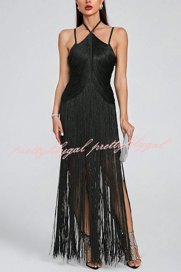 Sexy Halterneck Open Back Elegant Tassel Slim Maxi Dress