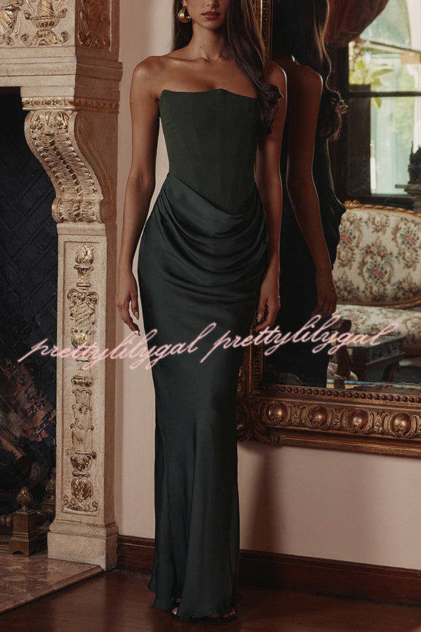 Attend The Gala Strapless Corset Satin Ruched Hip Drape Maxi Dress