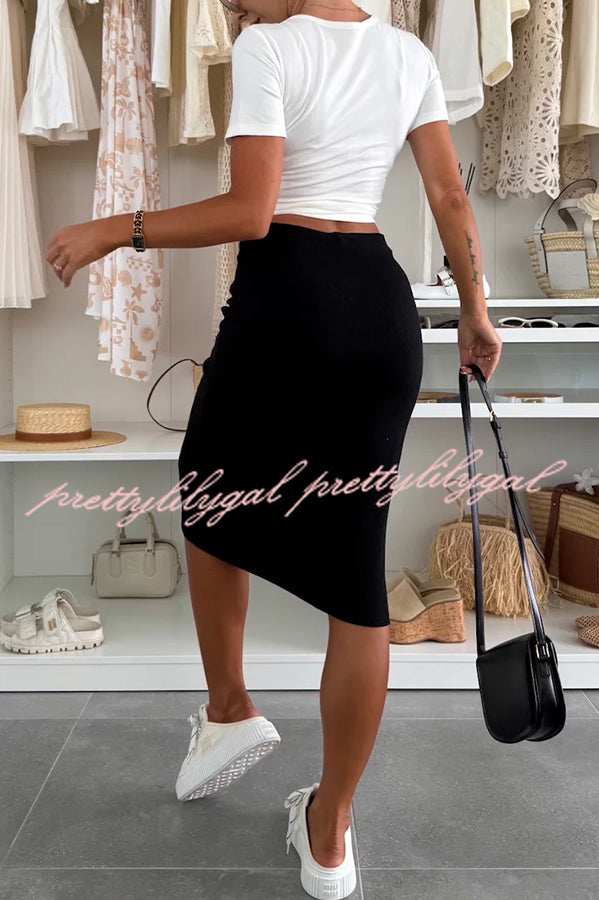 Perfect Basics Ribbed Knit Elastic Waistband Stretch Midi Skirt