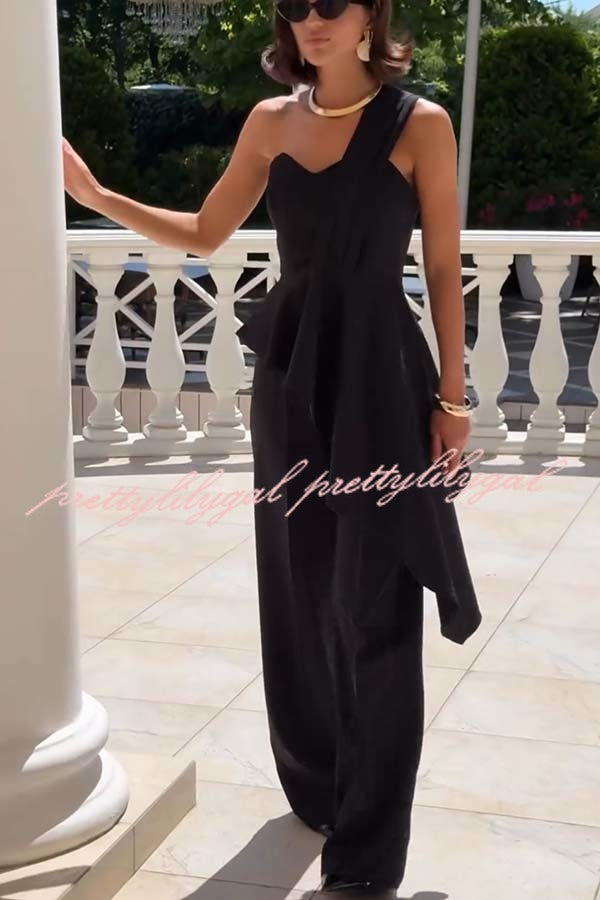Amena One Shoulder Sweetheart Neck Ruffle Hem Top and Elastic Waist Pocket Wide Leg Pants Set