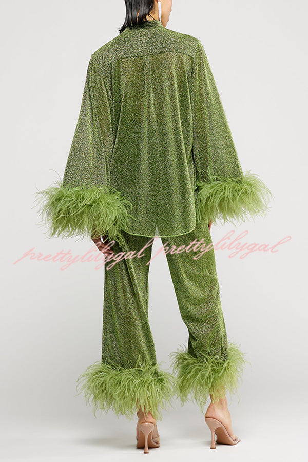 Glitter Fabric Feather Trim Long Sleeve Button Top and Elastic Waist Loose Straight Pants Set