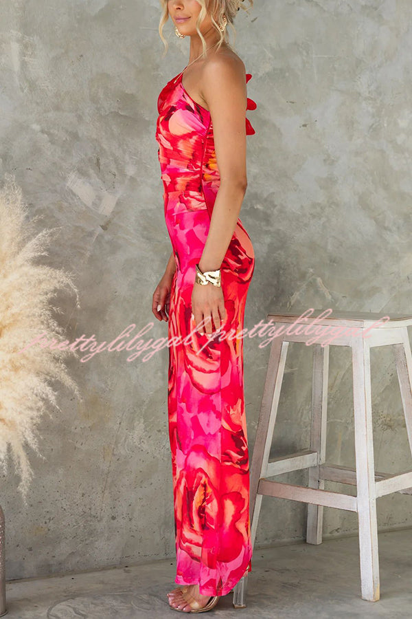 Floral Print Sleeveless 3D Flower One Shoulder Slim Maxi Dress