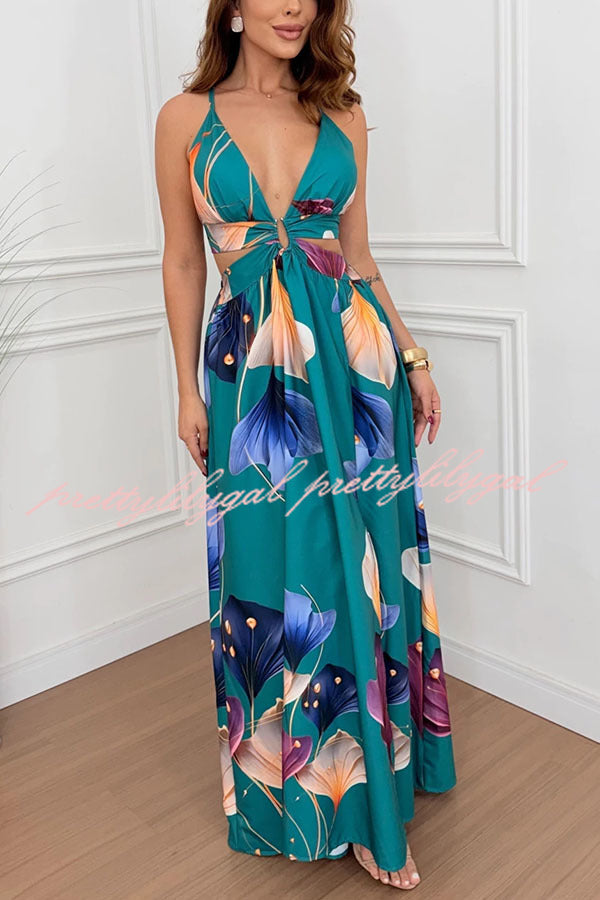 Seinah Floral Print Cutout Waist Open Back Lace-up Slit Maxi Dress Seinah Floral Print Cutout Waist Open Back Lace-up Slit Maxi Dress