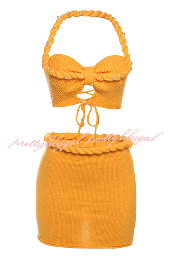 Sexy Halterneck Pearl-embellished Lace-up Tank and Fitted Knit Mini Skirt Set