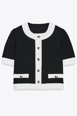 Fashionable Contrast Color Short-sleeved Button-down Top