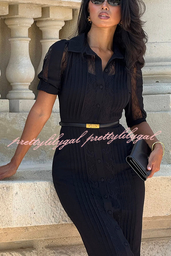 Lysette Lace Trim Pleated Button Up Short Sleeve Shirt Midi Dress