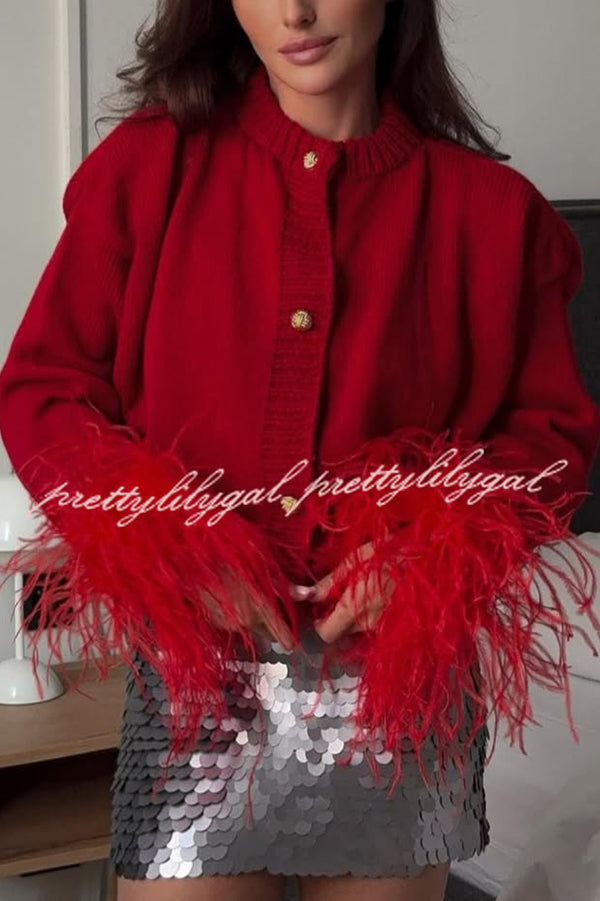 Solid Color Elegant Feather Long Sleeve Casual Knitted Cardigan